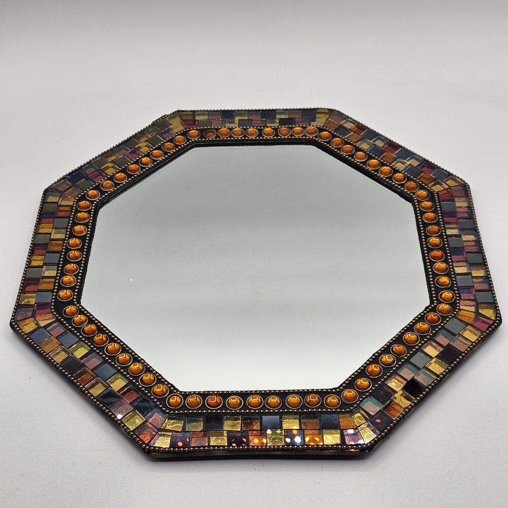 PartyLite Global Fusion Mosaic Octagonal Wall Mirror Candle Tray Amber Tiles
